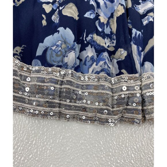 INC Women Floral Boho Flowy Pleated Skirt W/Wide Sequin Trim Blue & White SZ 6 - Picture 11 of 12